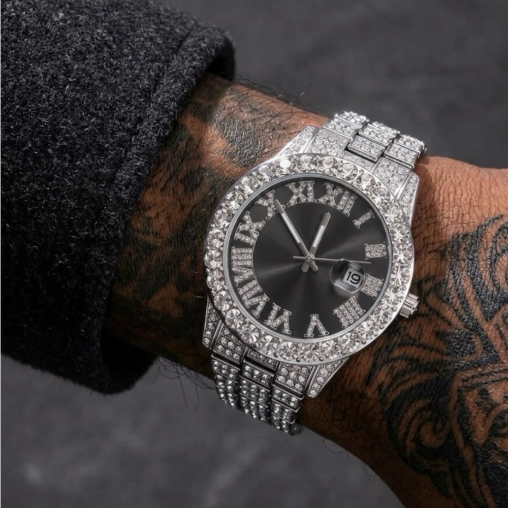 Men's Silver Crystal-Accent Black Dial Watch - Luxury Style